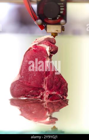 Konzept 3D-Rendering von Lebensmitteln, synthetisches Fleisch mit 3D-Drucker. Florentinisches Steak. Neue Technologien für die Fleischproduktion. Kein reales Bild Stockfoto