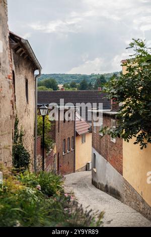 Kopfsteinpflasterstraße und farbenfrohe Häuser in der mittelalterlichen deutschen Stadt Freyburg, Sachsen-Anhalt, Deutschland, Europa Stockfoto