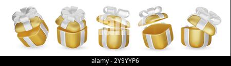 Set aus Geschenkboxen mit realistischem 3D-Rendering. Goldene Geschenkbox mit goldener Schleife und Schleife. Geschenkbox in verschiedenen Winkeln. Vektorabbildung. Stock Vektor