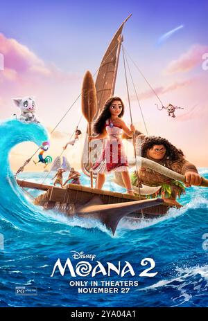 Moana 2 (2024) von David G. Derrick Jr. mit Auli'i Cravalho, Dwayne Johnson und Alan Tudyk. Nachdem sie einen unerwarteten Anruf von ihren Vorfahren erhalten hat, reist Moana in die fernen Meere Ozeaniens und in gefährliche, lange verlorene Gewässer für ein Abenteuer, das ihr nie begegnet ist. US Advance Poster ***NUR FÜR REDAKTIONELLE ZWECKE***. Quelle: BFA / Walt Disney Studios Stockfoto