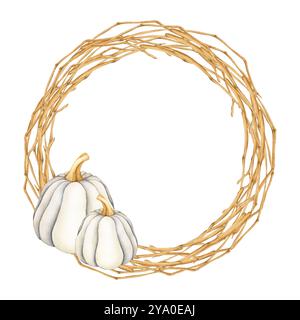 Aquarellkranz trockener Zweige und weißer Kürbisse. Runder Rahmen aus miteinander verflochtenen Zweigen und Gemüse. Herbstillustration für Einladungen und Karten f Stockfoto
