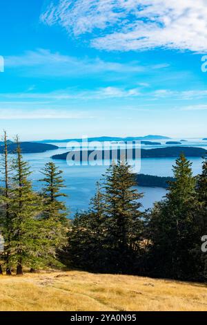 Blick nach Süden von Reginald Ridge, Blick auf andere Gulf Islands, Salt sprng Island, BC, Kanada. Stockfoto