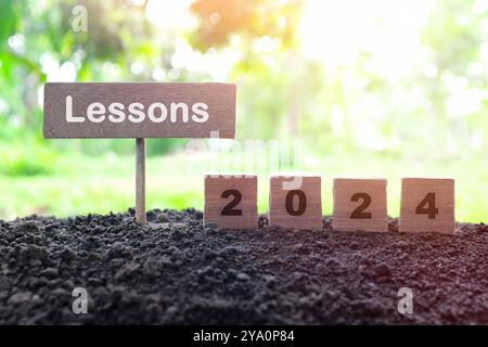 Jahr 2024 – Lebenslehren und Lernkonzept. Holzblöcke in natürlichem Hintergrund bei Sonnenuntergang. Stockfoto