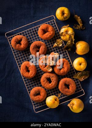 Blick von oben auf frisch gebackene Apfelwein-Donuts mit frischen Äpfeln auf dunkelblauem Stoff Stockfoto