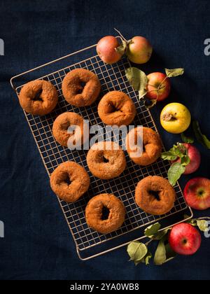 Blick von oben auf frisch gebackene Apfelwein-Donuts mit frischen Äpfeln auf dunkelblauem Stoff Stockfoto