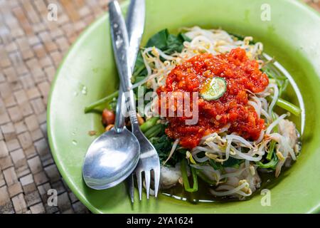 Eine lebendige Schüssel mit traditionellem indonesischem Salat, bekannt als Ladoga-Gator, mit frischem Gemüse wie Spinat und Sojasprossen, garniert mit einem reichhaltigen, saftigen Stockfoto