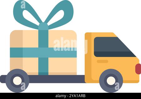Der Lieferwagen trägt eine große Geschenkbox mit einem Band, die Online-Shopping und Lieferdienste repräsentiert Stock Vektor