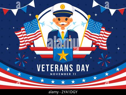 Happy Veterans Day Vector Illustration am 11. November mit der USA Flagge und Soldaten, die alle geehrt haben, die in einem flachen Cartoon Hintergrund gedient haben Stock Vektor