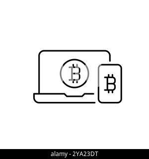 Laptop und Telefon mit Kryptowährungssymbol. Nahtlose Krypto-Wallet-Konnektivität. Digitales Finanzsystem. Pixelperfekter, editierbarer Konturvektor ico Stock Vektor