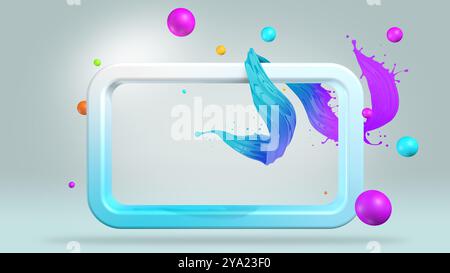 Abstrakte Komposition mit einem rechteckigen hellblauen Rahmen mit einem Spritzer violetter Flüssigkeit, umgeben von Kugeln, die auf einem grauen Hintergrund schweben. 3D I Stockfoto
