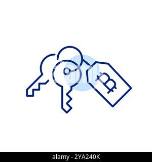 Schlüsselpaket und Bitcoin-Tag. Blockchain-gestützte Transaktionen zu Hause. Krypto-fähiger Immobilienmarkt. Pixelperfektes, bearbeitbares Konturvektorsymbol Stock Vektor