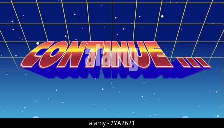 Digitales Bild eines Fortsetzungszeichens, das auf dem Bildschirm zoomt, während der Hintergrund grüne quadratische Umrisse zeigt, die sich nach oben bewegen, und die Galaxie Stockfoto