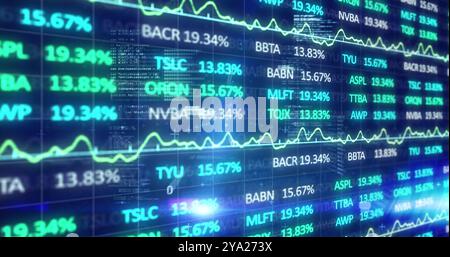 Bild der Börsenanzeige mit blauen und grünen Börsennummern und Diagrammen, Kursverlauf an der Börse, binäre Codierung Flowin Stockfoto