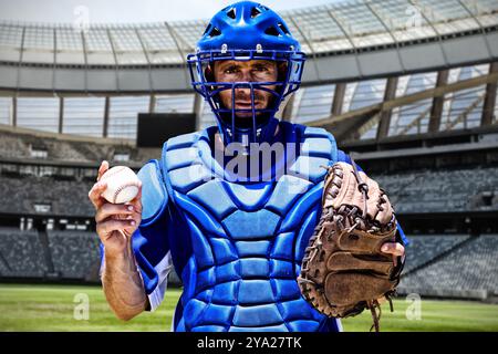 Baseballspieler gegen Rugby-Stadion an einem sonnigen Tag Stockfoto