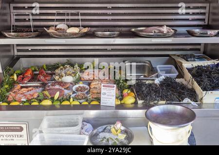 Ein Marktstand bietet eine Auswahl an frischen Meeresfrüchten und Austern in Paris Stockfoto