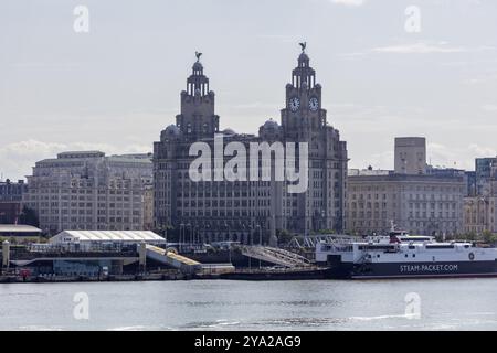 Die Fähre gleitet entlang eines trüben Wassers vor historischen Gebäuden in Liverpool, Liverpool Stockfoto