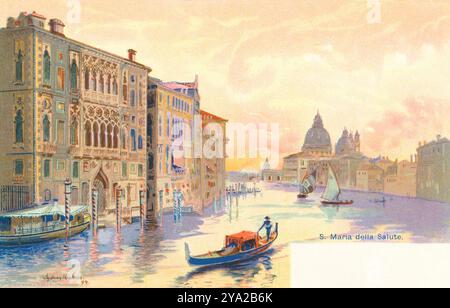 Vintage-illustrierte Chromo-Litho-Postkarte von Venedig mit der Santa Maria della Salute im Hintergrund. Stockfoto