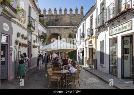 Lebhafte Altstadtstraße mit Straßencafé, umgeben von historischen Gebäuden und Blumen, Cordoba Stockfoto