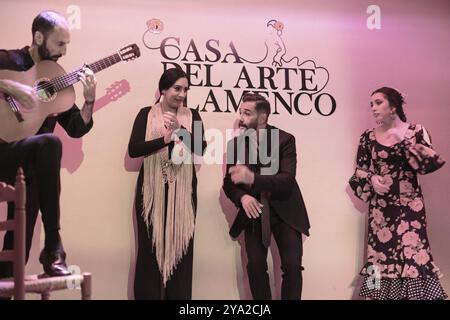 Flamenco-Aufführung mit Musikern und Tänzern in festlicher Kleidung auf einer Bühne in Granada Stockfoto