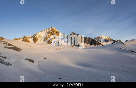 Hochalpine Berglandschaft bei Sonnenuntergang, Glacier du Tour, Gletscher und Berggipfel im Abendlicht, Gipfel der Aiguille de Chardonnet, Cham Stockfoto