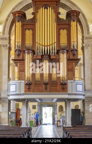 Erhabene Kirchenorgel dominiert das Innere mit kunstvollen Details, Waterford Stockfoto