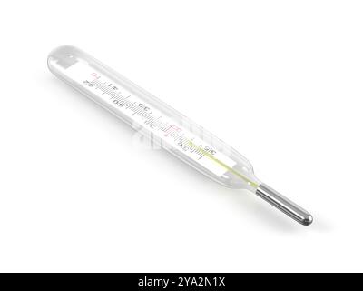 Klassisches medizinisches Thermometer auf weißem Hintergrund. 3D-Abbildung. Stockfoto