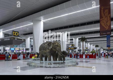 Delhi, Indien, 31. März 2023: Gruppe von Personen in der Check-in-Halle am Indira Gandhi International Airport, Asien Stockfoto