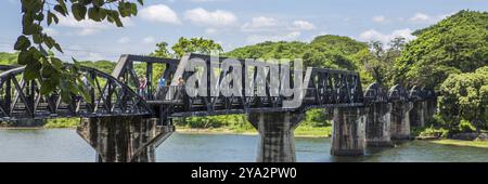 Kanchanaburi in Thailand, die Brücke auf dem Fluss Kwai. Webbanner in Panoramaansicht Stockfoto