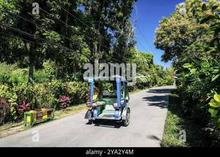 Straße und farbenfrohe lokale Tuk Tuk Moto Taxi auf der exotischen tropischen boracay Insel philippinen Stockfoto