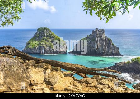 Fernando de Noronha, Brasilien. Ansicht von Morro dos Dois Irmaos mit Gewinnen und Pflanzen im Vordergrund Stockfoto