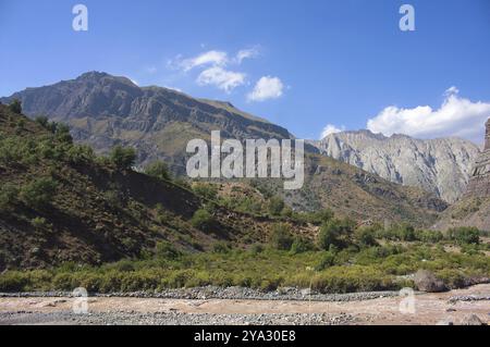 Dieses Bild zeigt die Landschaft der Cajon del Maipo-Hügel in Chiles Santiago-Region, aufgenommen während eines Urlaubs im Februar 2016 Stockfoto