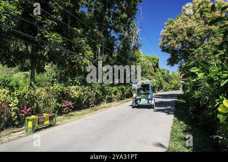 Straße und farbenfrohe lokale Tuk Tuk Moto Taxi auf der exotischen tropischen boracay Insel philippinen Stockfoto