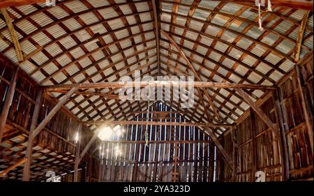 Das Innere einer alten und verlassenen Scheune mit Sonnenlicht, das durch die Bretter scheint Stockfoto