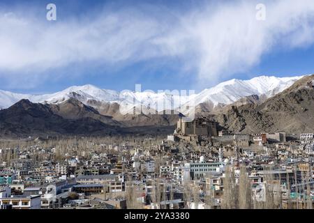 Leh, Indien, 02. April 2023: Blick auf den Leh Palace mit schneebedeckten Bergen im Hintergrund, Asien Stockfoto