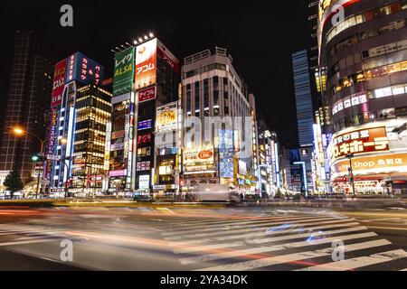 Shinjuku, Japan, 18. Mai 2019: Neonschilder beleuchten Tokios geschäftiges Stadtviertel Shinjuku bei Nacht entlang der Yasukuni-dori Ave mit Menschenmassen in Asien Stockfoto