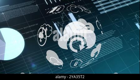 Digitales Bild von Wolkensymbolen, die sphärisch rotierend angeordnet sind, während der Hintergrund verschiedene Diagramme 4k anzeigt Stockfoto