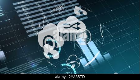 Digitales Bild von Wolkensymbolen, die sphärisch rotierend angeordnet sind, während der Hintergrund verschiedene Diagramme 4k anzeigt Stockfoto