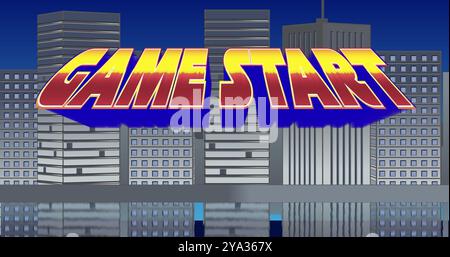 Digitales Bild eines Game Start Sign, das beim Blinken auf dem Bildschirm zoomt, und ein Hintergrund von grauen Gebäuden mit blauem Himmel Stockfoto