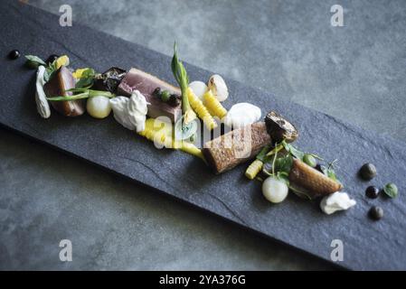 Gourmetküche Schweinegemüse und Sauerrahm Stockfoto