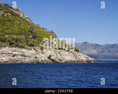 Leuchtturm, bewaldete Küste, Halbinsel Peljesac, Dalmatien, Kroatien, Europa Stockfoto