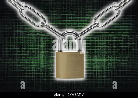 Digitaler binärer Code, Schloss- und kettenfarbener Hintergrund mit Strukturen und Kopierraum für das Design Stockfoto