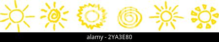 Lustig wie ein Kind, das gelbe Sonne zieht. Kollektion mit Pastellkreiden oder Wachsstift mit sonnigen Ikonen bemalt. Symbole des Sommerhimmels. Raue Kreidestruktur Stock Vektor