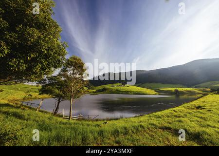 Blick auf die Landschaft bei Sonnenuntergang über Mount Dromedary in der Nähe von Central Tilba in New South Wales, Australien, Ozeanien Stockfoto