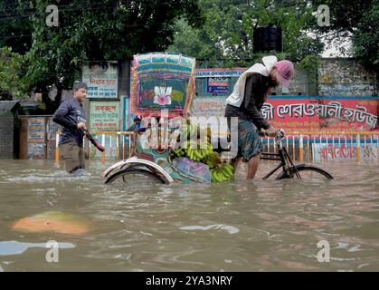 22. August 2024, Feni, Chittagong, Bangladesch: Feni Sadar Upazila wird von starken Regenfällen und flussaufwärts überschwemmt. Eine Rikscha trägt Bananen Stockfoto