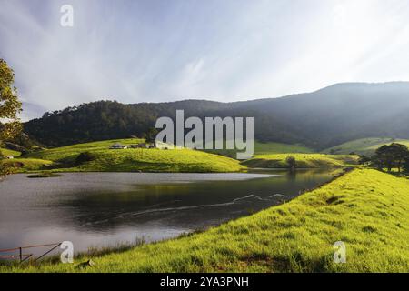 Blick auf die Landschaft bei Sonnenuntergang über Mount Dromedary in der Nähe von Central Tilba in New South Wales, Australien, Ozeanien Stockfoto