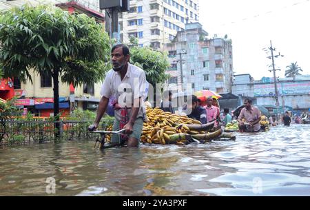 22. August 2024, Feni, Chittagong, Bangladesch: Feni Sadar Upazila wird von starken Regenfällen und flussaufwärts überschwemmt. Ein Van nimmt Bananen Stockfoto