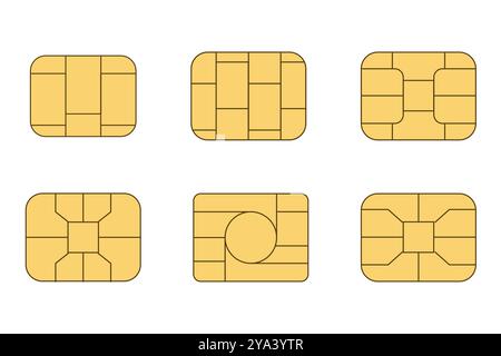 EMV-Chip-Symbolsatz. Microchip für Kreditkarten- oder Debitgebühren oder sim-Karten aus Kunststoff. Digitale NFC-Technologie. Kontaktlose Bezahlung an Terminals und Geldautomaten. Vektorabbildung Stock Vektor