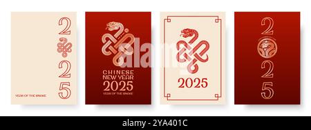Entdecken Sie vier bezaubernde Designs, die die Feier des chinesischen Neujahrs 2025 symbolisieren, mit Rot und Gold Stock Vektor