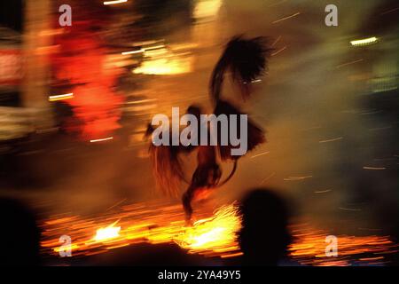 Ein Feuertanz-Darsteller läuft während der Kecak- und Feuertanz-Show in Ubud, Gianyar, Bali, Indonesien über einen Haufen brennender Kokosnüsse. Stockfoto