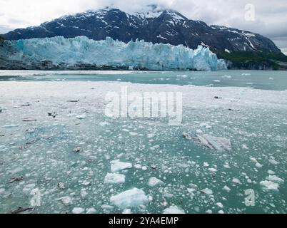 Atemberaubender Blick auf den Glacier Bay National Park, Alaska, mit eiskalten Gewässern mit Eisbergen und einer Gletscherkulisse unter stimmungsvollem Himmel Stockfoto